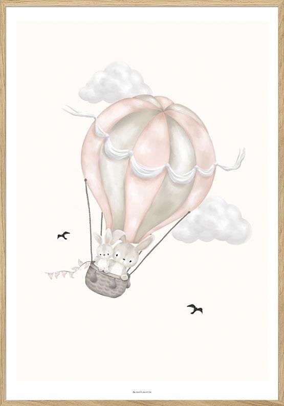 Barnposter - söta kaniner i rosa luftballong