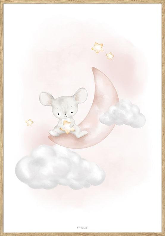 Barnposter - söt mus på rosa måne