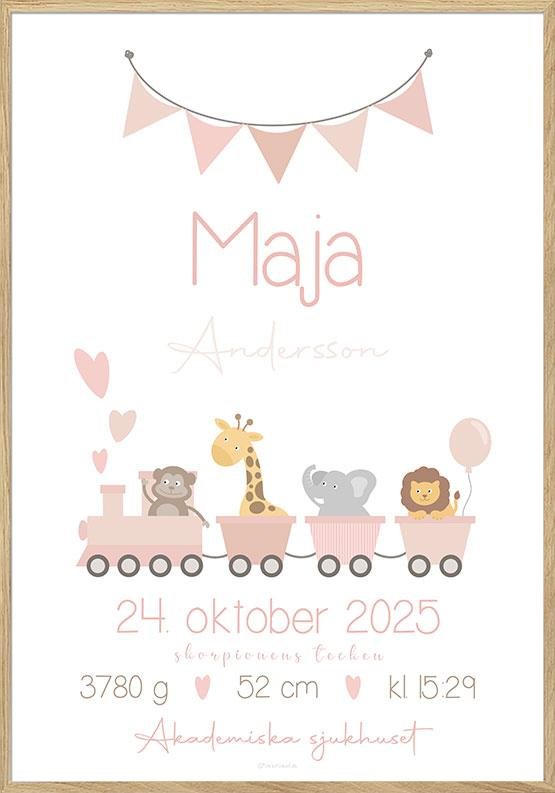 Födelsetecken med tåg - rosa för flicka