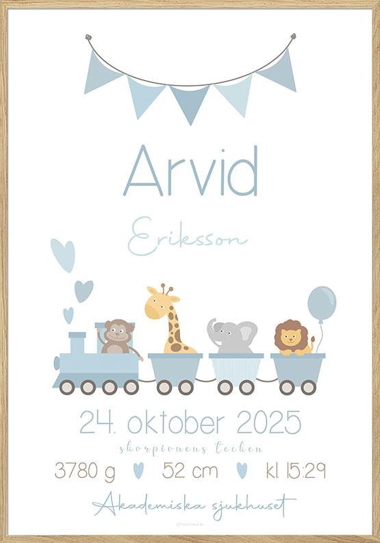 Födelseposter med tåg - blå för pojke
