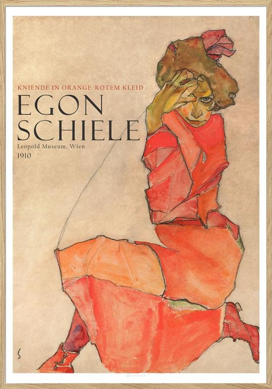 Egon Schiele - Knäböjande kvinna i orangeröd klänning