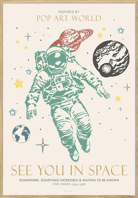 Rymdaffisch med astronaut och planeter