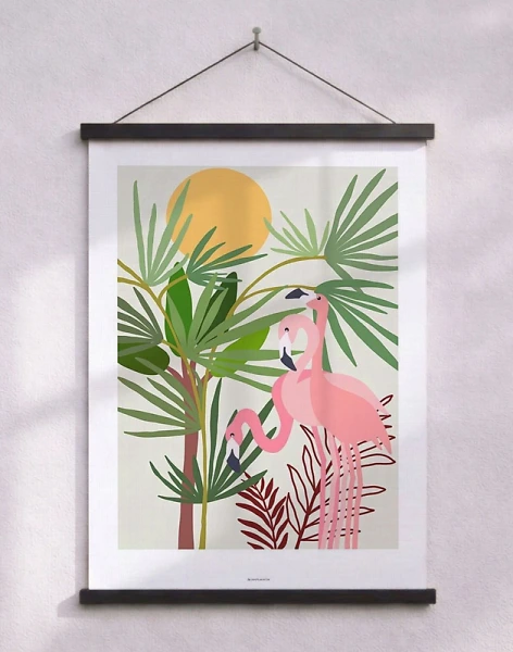 Grafisk poster med tre flamingor