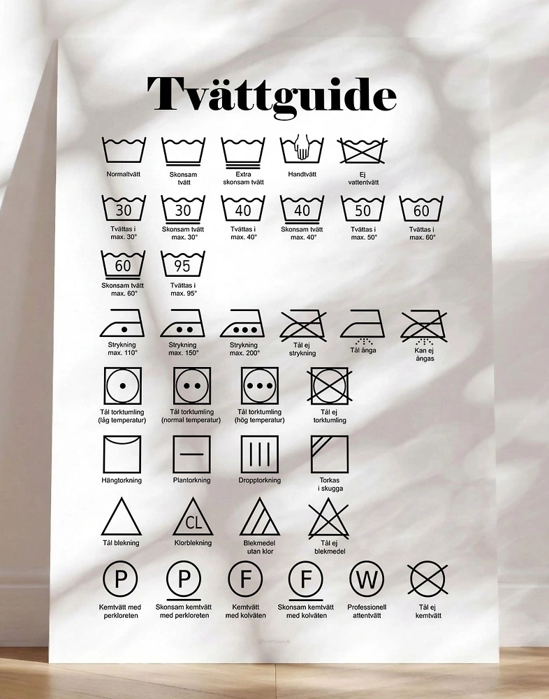 Tvättposter med tvättråd och symboler