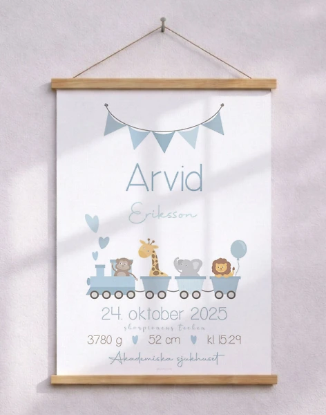 Födelseposter med tåg - blå för pojke