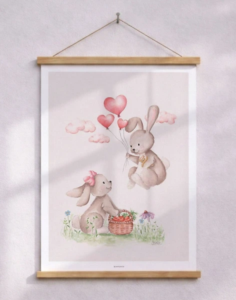 Barnposter med kaniner – handmålad akvarell