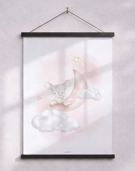 Barnposter – söt mus på rosa måne
