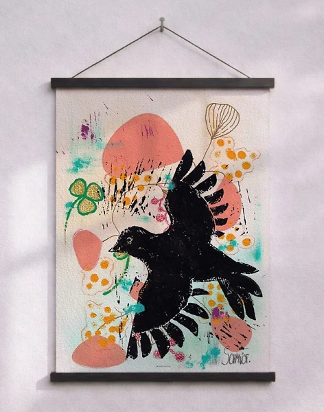 Konstaffisch med klöver och fågel – akrylfärg