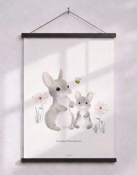Barnposter med akvarellteckning av kaniner