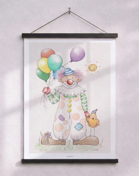Barnposter med clown – handritad och akvarellmålning