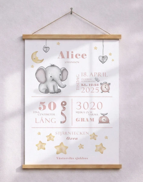Födelseposter med elefant - rosa till flicka