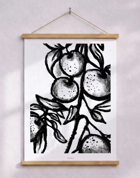 Svartvit affisch med orange gren