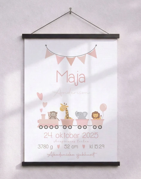 Födelsetavla med tåg - rosa till flicka