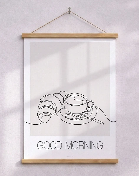 Linjekonstaffisch med kaffe och croissant - Good morning
