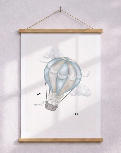 Barnposter – resande kaniner i en babyblå luftballong