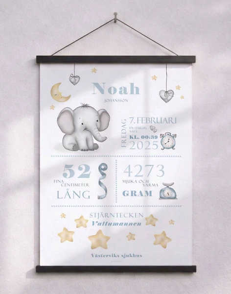 Födelseposter med elefant - babyblå till pojke