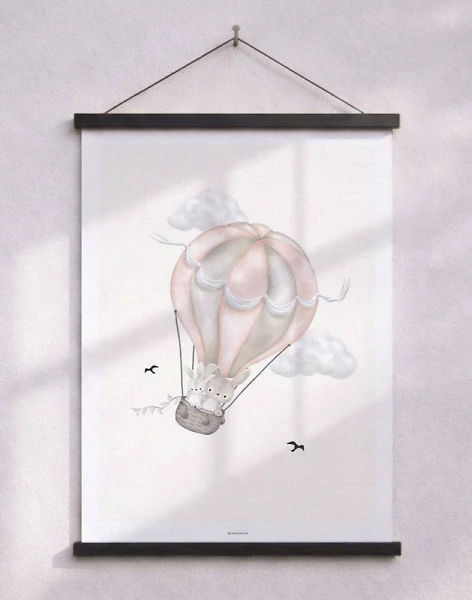 Barnposter – söta kaniner i en rosa luftballong