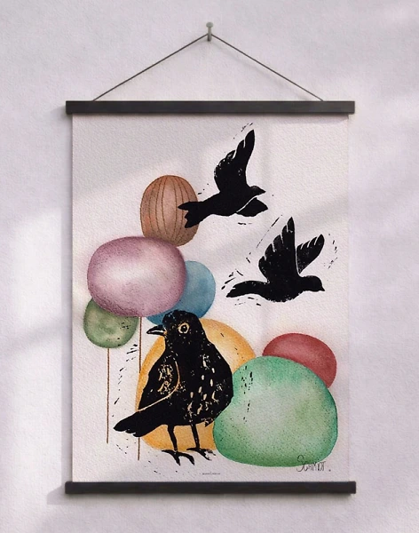 Fåglar i skogen - akvarell