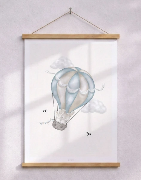 Barnposter – resande kaniner i en babyblå luftballong