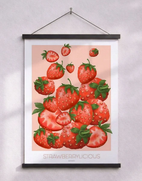 Strawberrylicious - Färgglad affisch med jordgubbar