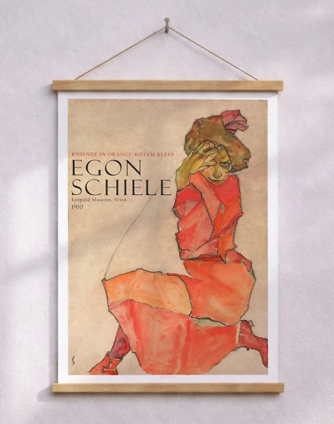 Egon Schiele - Kneeling female in orange red dress