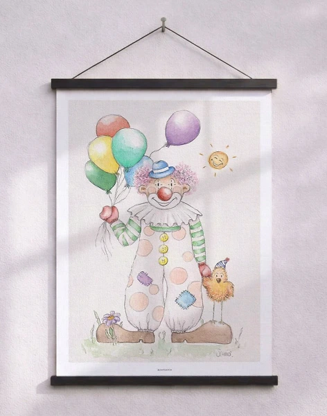 Barnposter med clown – handritad och akvarellmålning