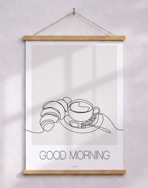 Linjekonstaffisch med kaffe och croissant - Good morning