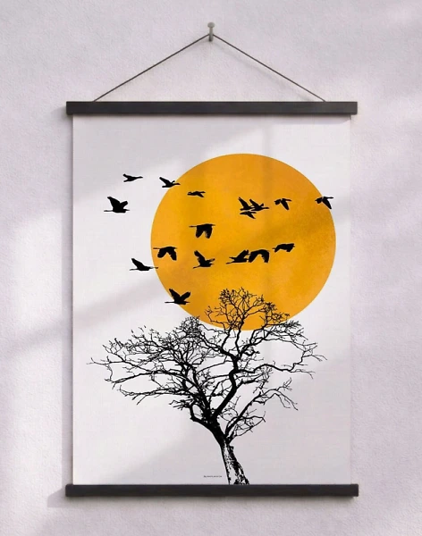 Konstposter med fågelflock vid solnedgången