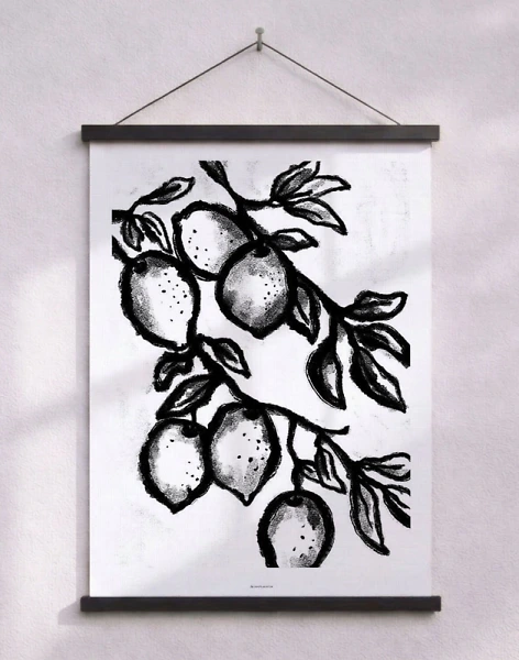 Svartvit affisch – kolteckning av en citrongren