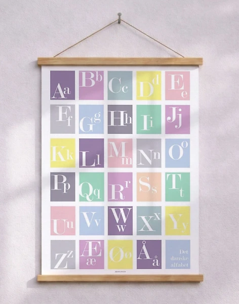 Alfabetsaffisch med vita bokstäver i färgade rutor